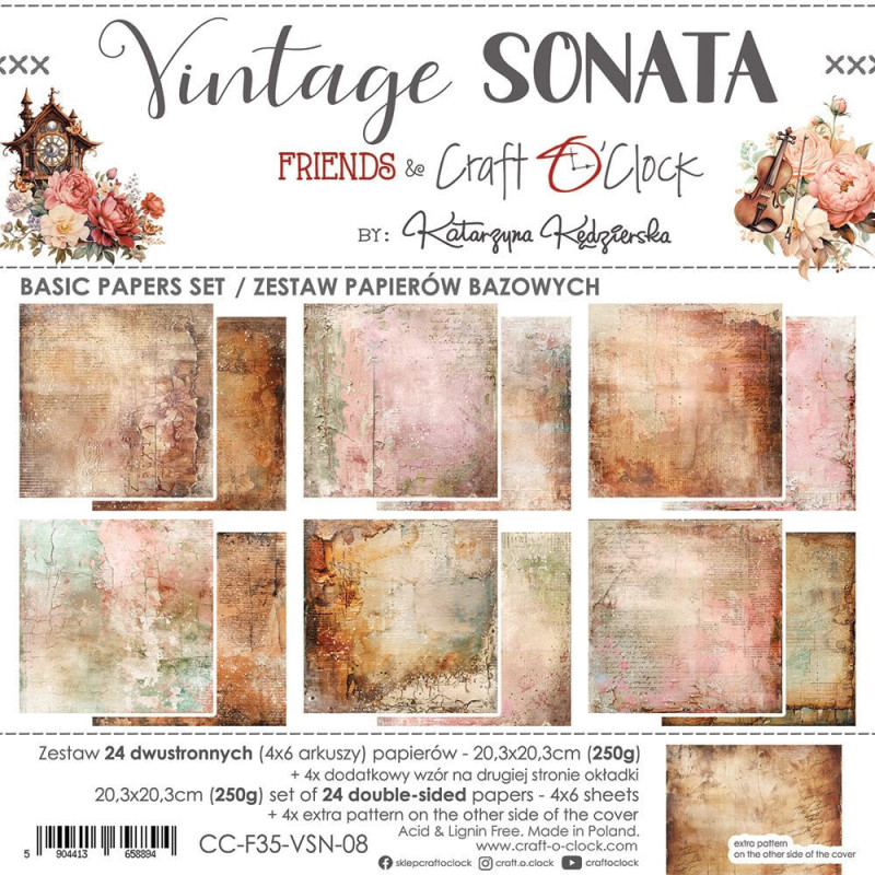 Craft O'Clock - Papirpakke 20x20 - Vintage Sonata - Basic