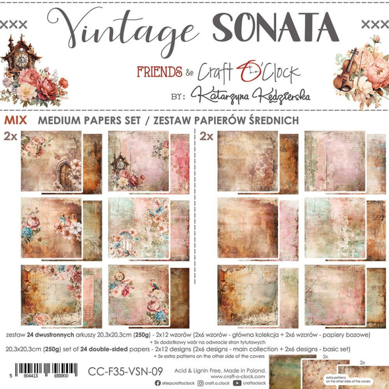 Craft O'Clock - Papirpakke 20x20 - Vintage Sonata - Mix