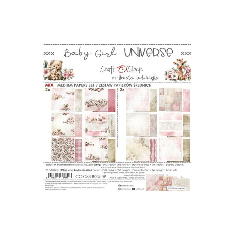 Craft O'Clock - Papirpakke 20x20 - Baby Girl Universe - Mix