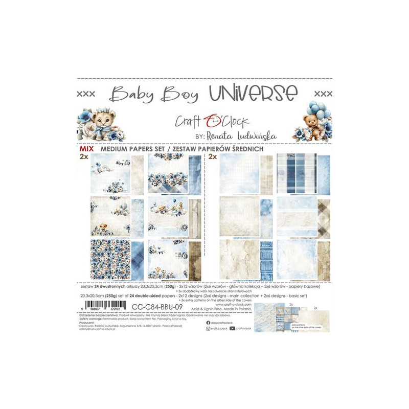 Craft O'Clock - Papirpakke 20x20 - Baby Boy Universe - Mix