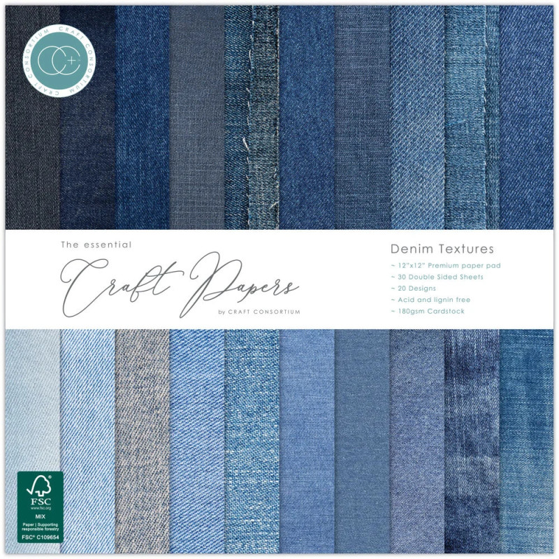 Craft Consortium - Papirblok 30x30 - Denim Textures - CCEPAD044
