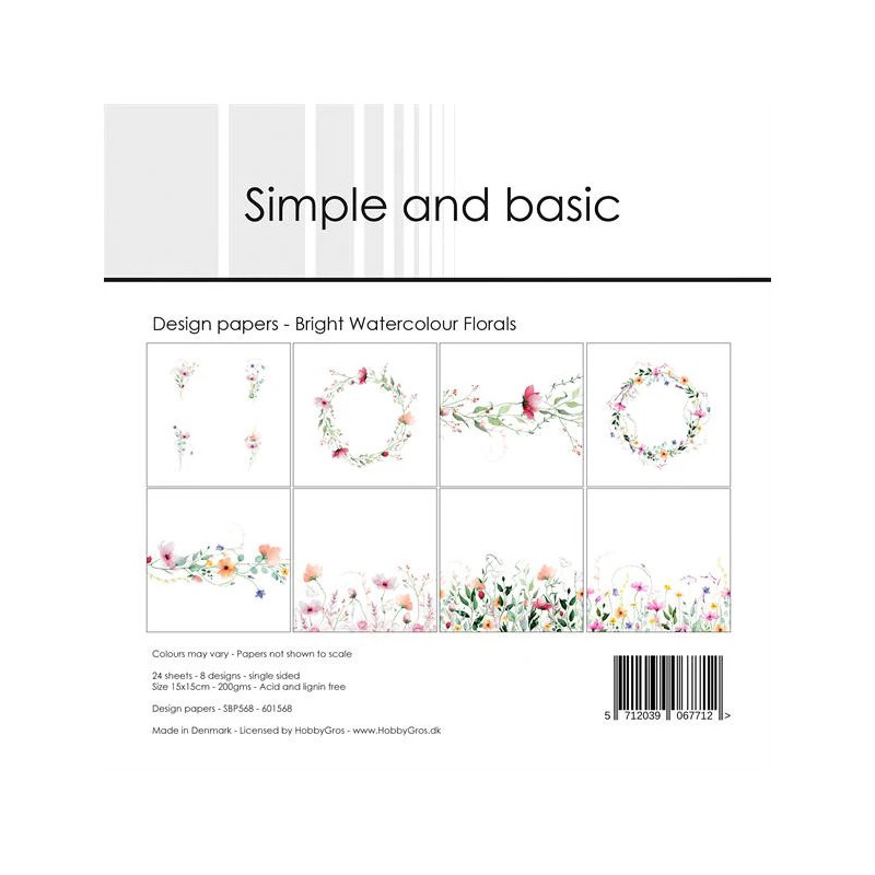 Simple And Basic - Papirpakke 15x15 - Bright Watercolour Florals - SBP568