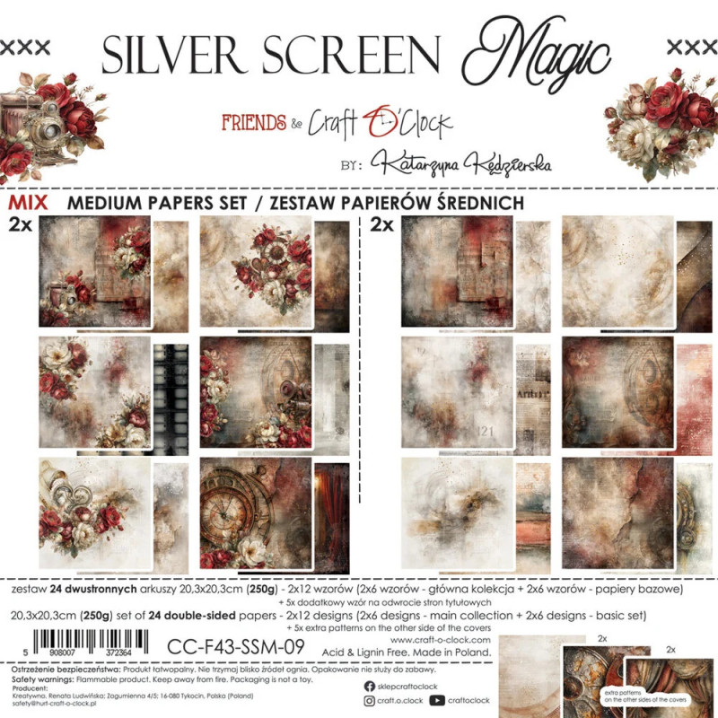 Craft O'Clock - Papirpakke 20x20 - Silver Screen Magic - Mix - CC-F43-SSM-09